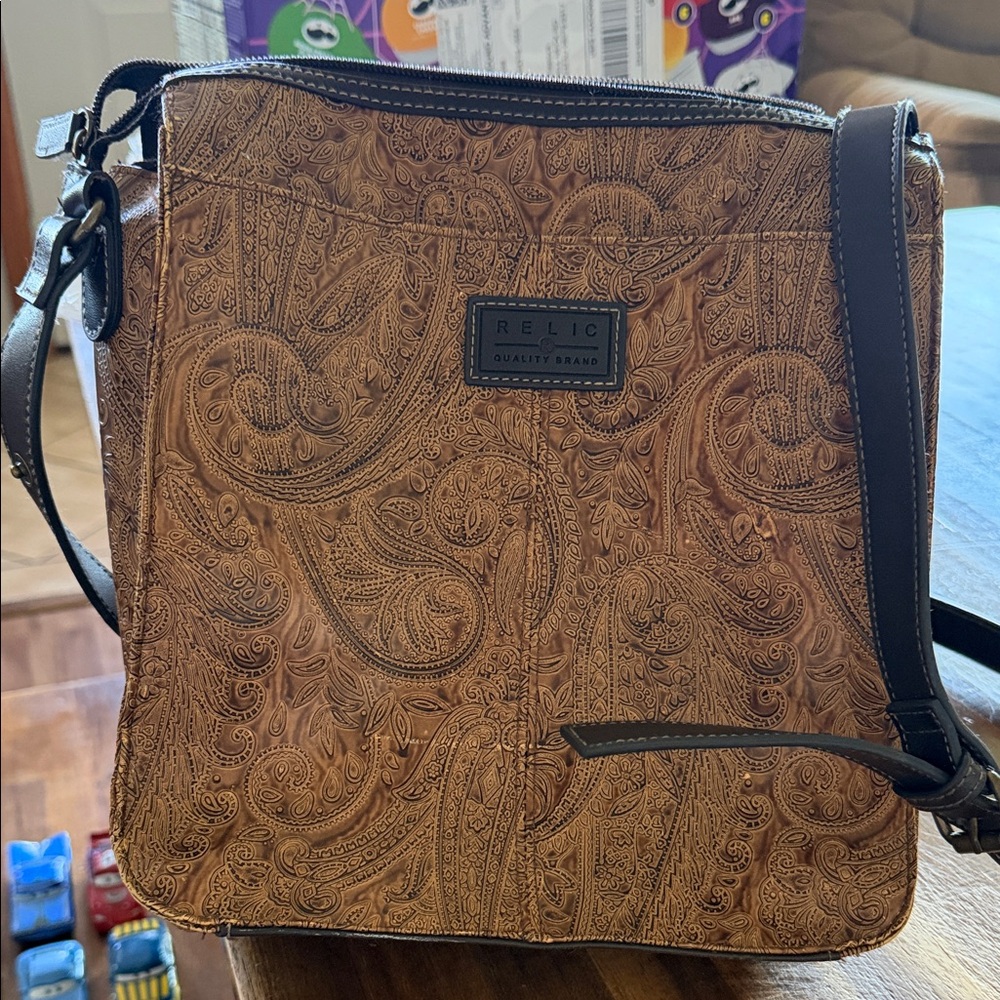 Relic Brown Embossed Paisley Leather Messenger Bag